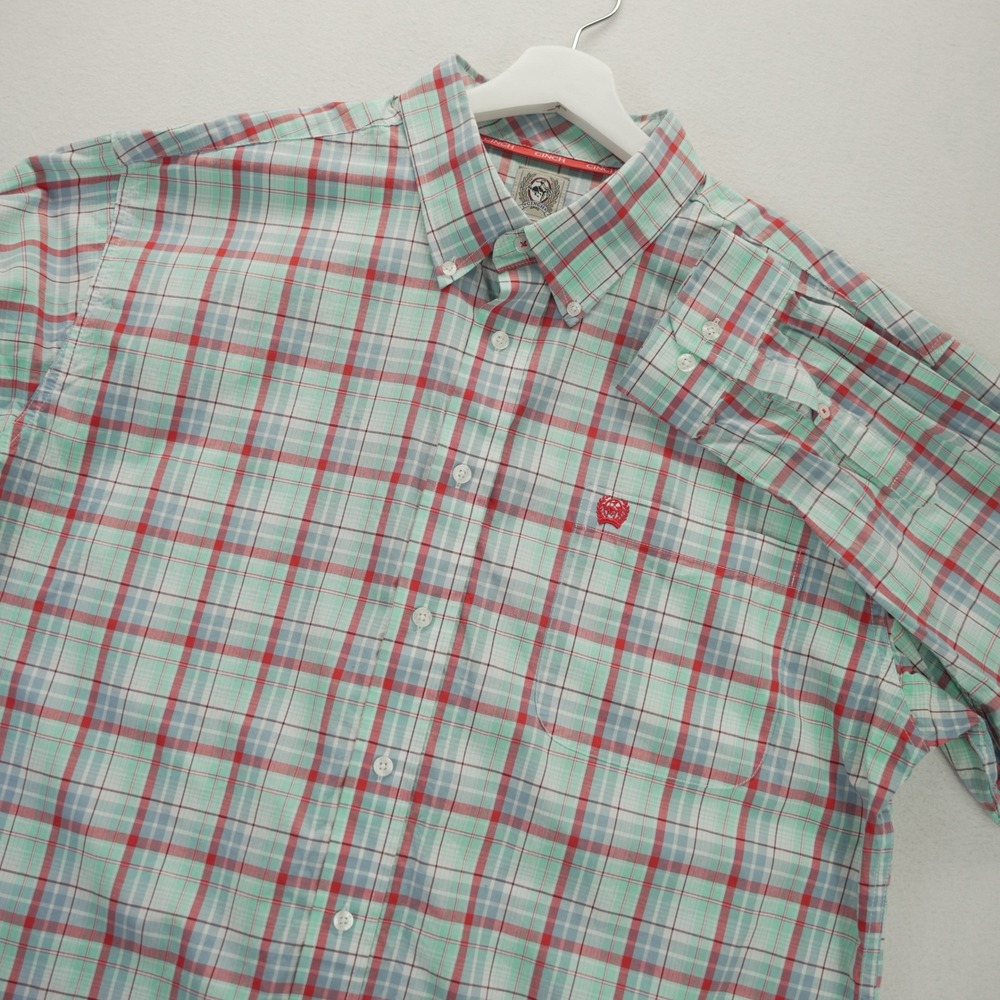 Cinch‎ Mens Large Long Sleeve Button Down Shirt Blue Red Plaid Cotton L
